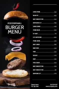 a menu for a burger restaurant with an image of a hamburger on top of it