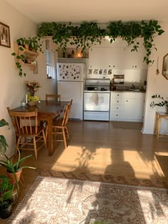 the kitchen is clean and ready to be used as a dining room or living room