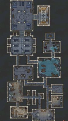 the floor plan for an apartment with several rooms and bathrooms, including a swimming pool