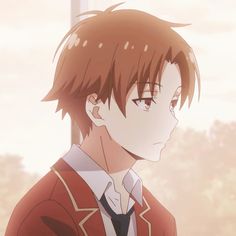 an anime character with brown hair and red jacket looking off to the side in front of trees