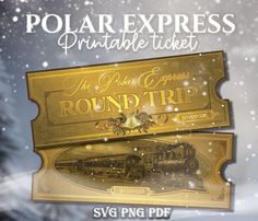 the polar express printable ticket is on display in front of a snow covered background