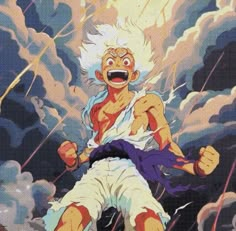 an anime character with white hair and blue eyes is in the air, surrounded by clouds