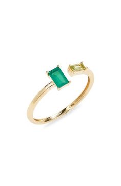 Emerald-cut semiprecious stones take center stage on this handcrafted 14-karat-gold cuff ring and add vibrant color to any ring stack. Total stone weight: 0.35ct. 14k gold/peridot/green agate Imported Certified member of the Responsible Jewellery Council (RJC), which sets standards for supply chain integrity and sustainability throughout the global jewelry and watch industries Emerald And Peridot Ring, Gold Cuff Ring, Ring Cuts, Bony Levy, Cuff Ring, Peridot Green, Ring Stack, Cuff Rings, Peridot Ring