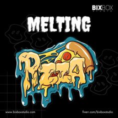 a piece of pizza covered in melted yellow and blue paint with the words melting on it