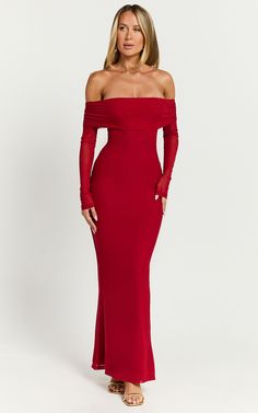 Bethanie Maxi Dress - Off The Shoulder Mesh Dress in Red Red Long Sleeve Dress Prom, Dark Red Off The Shoulder Dress, Red Dress Off Shoulder, Red Long Sleeve Prom Dress, Red Wedding Guest Dress, Red Long Dresses, Red Dress Long Sleeve, Red Flowy Dress, Red Off Shoulder Dress