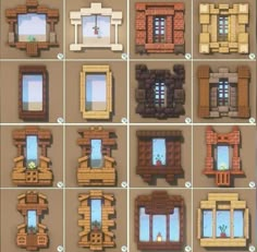 the different types of windows are shown in this image, and each window is made out of wood