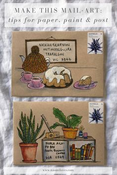 two postcards with pictures of food and plants on them, one has a potted plant