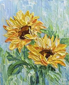 a painting of two sunflowers in a vase