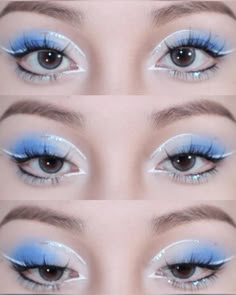 Blue Eyeshadow White Eyeliner, Blue Makeup For Hooded Eyes, Blue Soft Makeup, Blue And White Makeup Looks, Blue And White Eyeliner, White And Blue Eyeshadow, Blue Winter Makeup, Simple Blue Eyeshadow Looks, Makeup Baby Blue