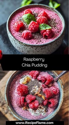 raspberry chia pudding in a bowl with fresh berries