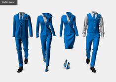 three different views of a man's blue suit and tie, with shoes on the floor