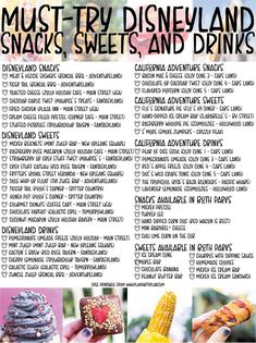 the menu for disney land snacks, sweets and drinks is shown in this poster with instructions to make it