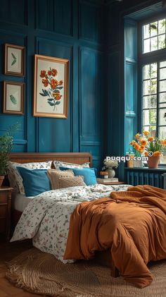 a bedroom with blue walls and orange bedding