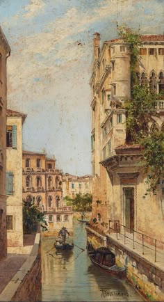 a painting of boats on a river in front of buildings