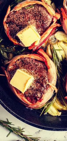 some meats and cheese are in a skillet