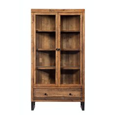 an old wooden bookcase with glass doors on the front and bottom shelves, against a white background