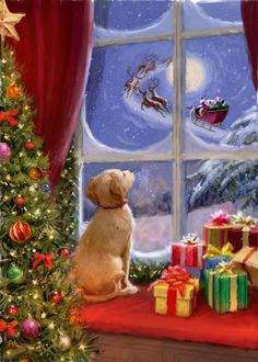 a dog sitting on a window sill looking out at the christmas tree and santa's sleigh