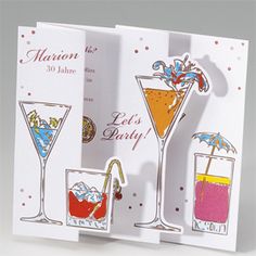 three greeting cards with cocktails on them