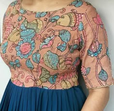 Pen Kalamkari Frocks For Women, Pen Kalamkari Long Frocks, Pen Kalamkari Dresses Anarkali, Pen Kalamkari Dresses, Ladies Frock Design, Kalamkari Dress, Blue Blouse Designs, Kalamkari Designs