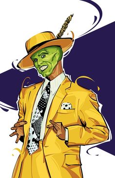 a man in a yellow suit and hat with his hands on his hips while wearing a green mask