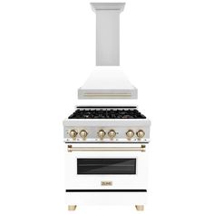 a white stove with gold knobs and an oven hood over it's burners