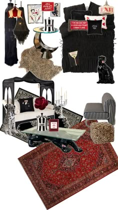 a collage of black and white furniture with red accents