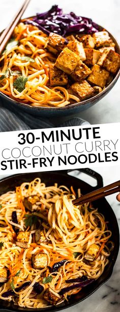 two plates of stir fry noodles with chopsticks in them and the words 30 - minute coconut curry stir fry noodles