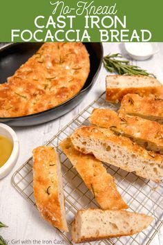 no - bread cast iron focaccia bread on a cooling rack