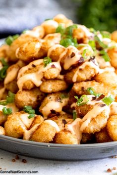 a bowl filled with fried food and garnished with green onions on the side