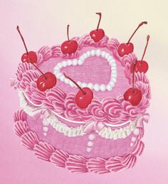 a pink birthday cake with cherries on top