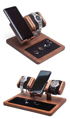 a cell phone is attached to a wooden stand that holds two watches and a watch