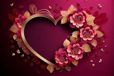 a heart shaped frame with pink flowers and leaves on a purple background for valentine's day