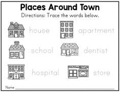 a worksheet showing the words places around town in black and white, with pictures of houses