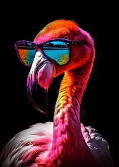 a flamingo with sunglasses on it's head and its reflection in the lens