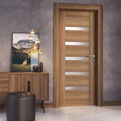 an empty room with a wooden door and two stools in front of the door