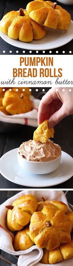 pumpkin bread rolls with cinnamon butter on top and in the middle being dunked into a bowl