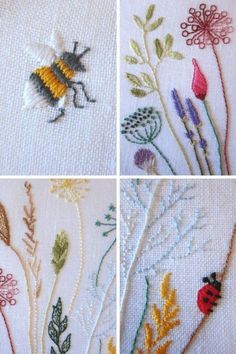 four different pictures of flowers and bugs on white fabric with stitching in the middle