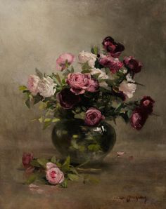 a painting of pink and white flowers in a vase on a brown tableclothed surface