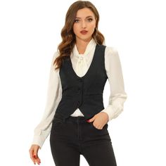 This vintage waistcoat is made of textured jacquard fabric to show your femininity and elegance at the same time. This vest features lightweight and comfortable fabric with 3 3-button plackets, a pointed hem, seam pockets, and an adjustable strap at the back. It can also be worn as an open-front waistcoat for a stylish, professional, and modern chic look. Pair with a blazer outerwear for an urban edge, or a vintage poet-type shirt for a renaissance steampunk style. Designed with sleeveless and t Womens Tailored Suit, Black Suit Vest, Vintage Waistcoat, Steampunk Jacket, Style Steampunk, Sleeveless Suit, Suit Waistcoat, Steampunk Style, Vintage Vest