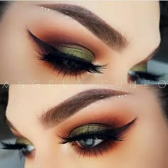 Red And Green Eyeshadow, Green Eyeshadow Looks, Orange Eyeshadow Looks, Orange Eye Makeup, Orange Eyeshadow, Orange Makeup, Fall Makeup Looks, Green Makeup, Eye Makeup Designs