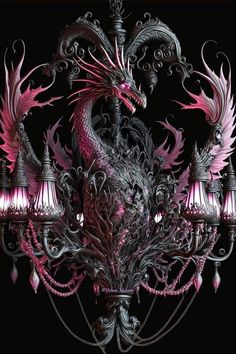 a fancy chandelier with pink lights and dragon decorations on it's sides