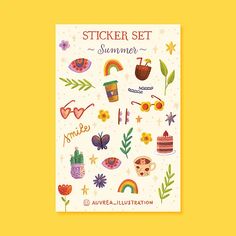 the sticker set is shown on a yellow background with flowers, leaves and other items