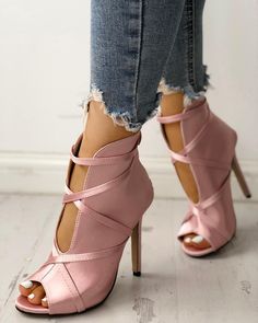 Moda Peep Toe Vendaje Bombas Heeled Pumps, Pink High Heels, Hot Shoes, Pink Shoes, Shoe Closet, Shoes Woman