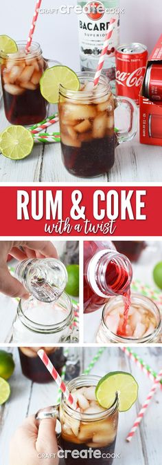 rum and coke cocktail in mason jars with limes