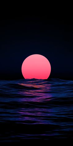 the sun is setting over the ocean with dark blue water and pink hues in the sky