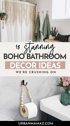 Boho Bathroom Decor Ideas Bathroom Cheap Decor, Pop Of Color In Bathroom, Boho Bathroom Decor Ideas On A Budget, Massage Room Ideas Decor Bohemian, Bathrooms With Plants Ideas, Garden Bathroom Decor, Bad Boho Style, Botanical Bathroom Decor, Women Bathroom Ideas