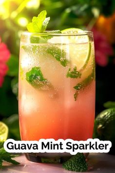 a close up of a drink in a glass with lime and mint on the rim