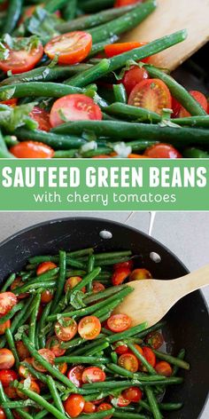 green beans with cherry tomatoes are cooked in a skillet and then topped with a wooden spoon