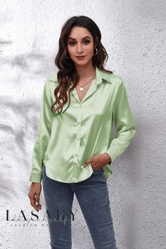 Lasaky - Exquisite Womens Long Sleeve Satin-Look Blouse with Silky Finish Green Champagne, Satin Shirts, Blouses Vintage, Satin Bluse, Satin Shirt, Collars For Women, Satin Blouse, Fashion Color, Loose Blouse