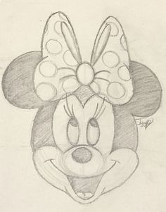 a pencil drawing of mickey mouse's face with a bow on its head and eyes